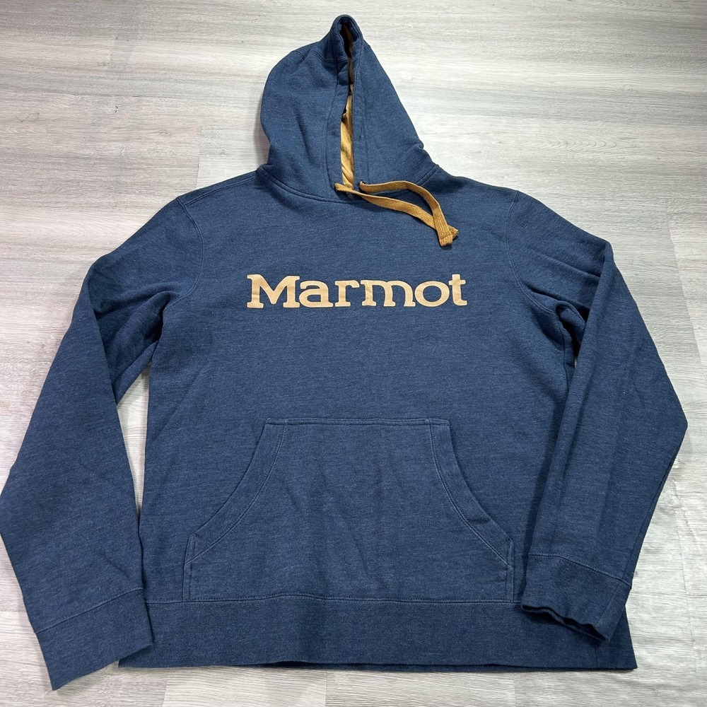 Marmot Hoodie Mens Medium Blue Fleece‎ Pullover Sweatshirt Logo Kangaroo Pocket
